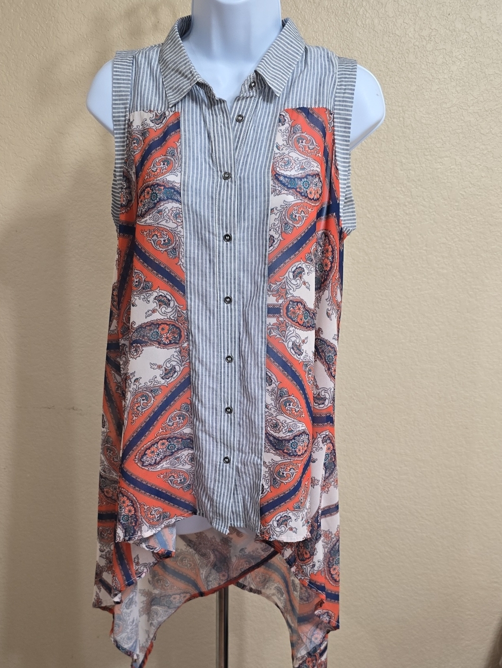 ODDY Sleeveless Paisley & Stripe Tunic - Coral, Navy & Cream
